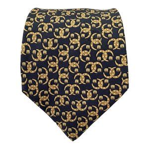 HERMES Blue Interlocking Circles Print Silk Tie France 57-"3".1/4 EX COND